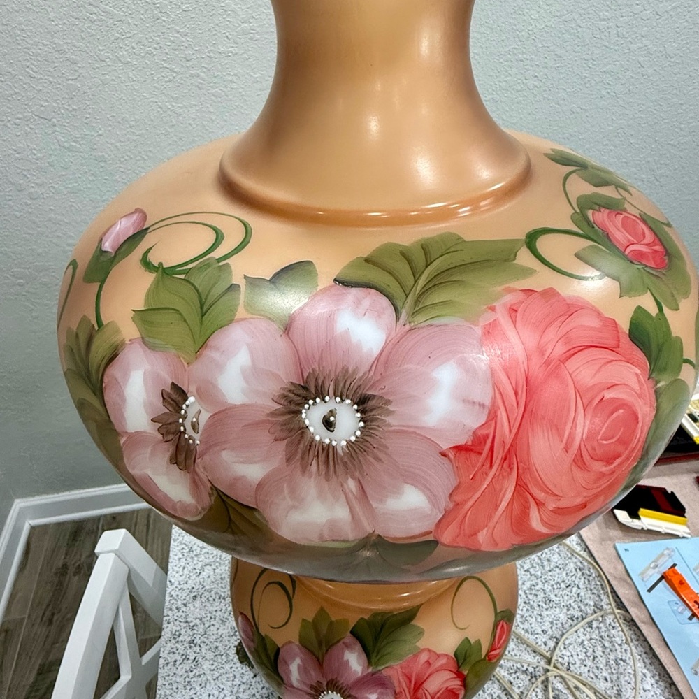 Floral Glass Table Lamp with Pink and Green Accents - Picture 2 of 4